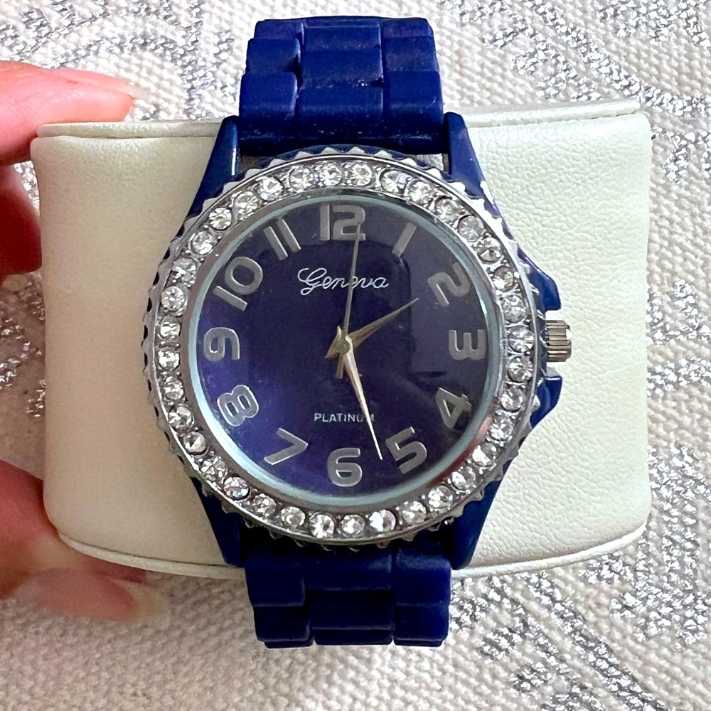 Geneva Blue Watch with Rhinestone Bezel